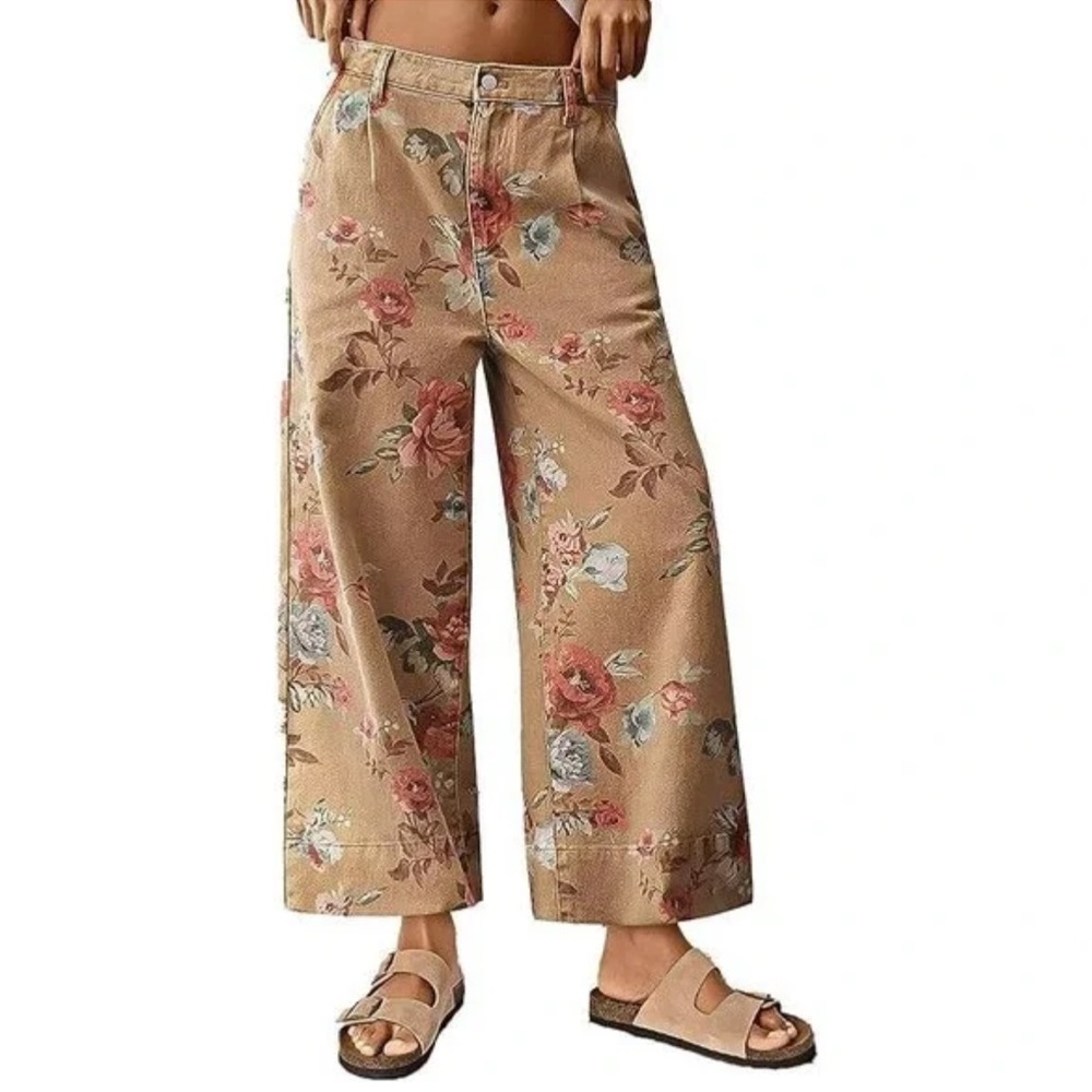 Flamingals Women's Floral Print Wide Leg Cropped Pants Mid Rise Boho Ankle - Picture 2 of 6